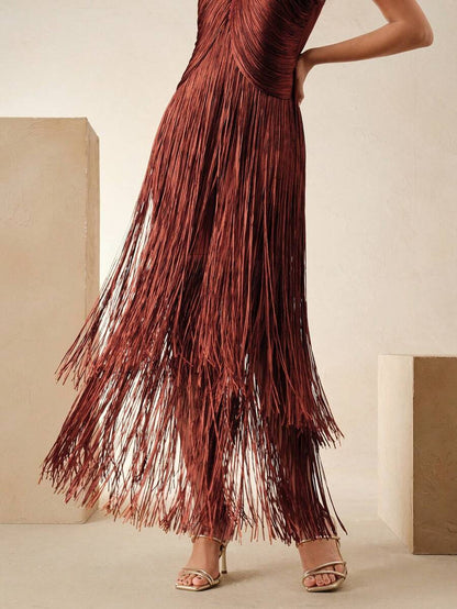 Anewsta Elegant Vintage Bohemian Tassel Maxi Dress, Suitable For Spring, Summer, Holidays, Festivals, Beaches, Parties, And Easter