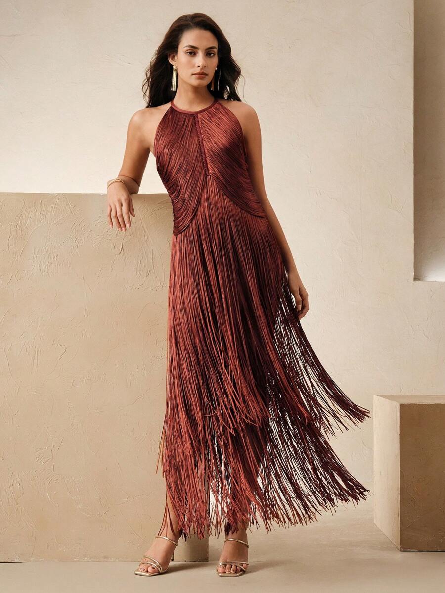 Anewsta Elegant Vintage Bohemian Tassel Maxi Dress, Suitable For Spring, Summer, Holidays, Festivals, Beaches, Parties, And Easter