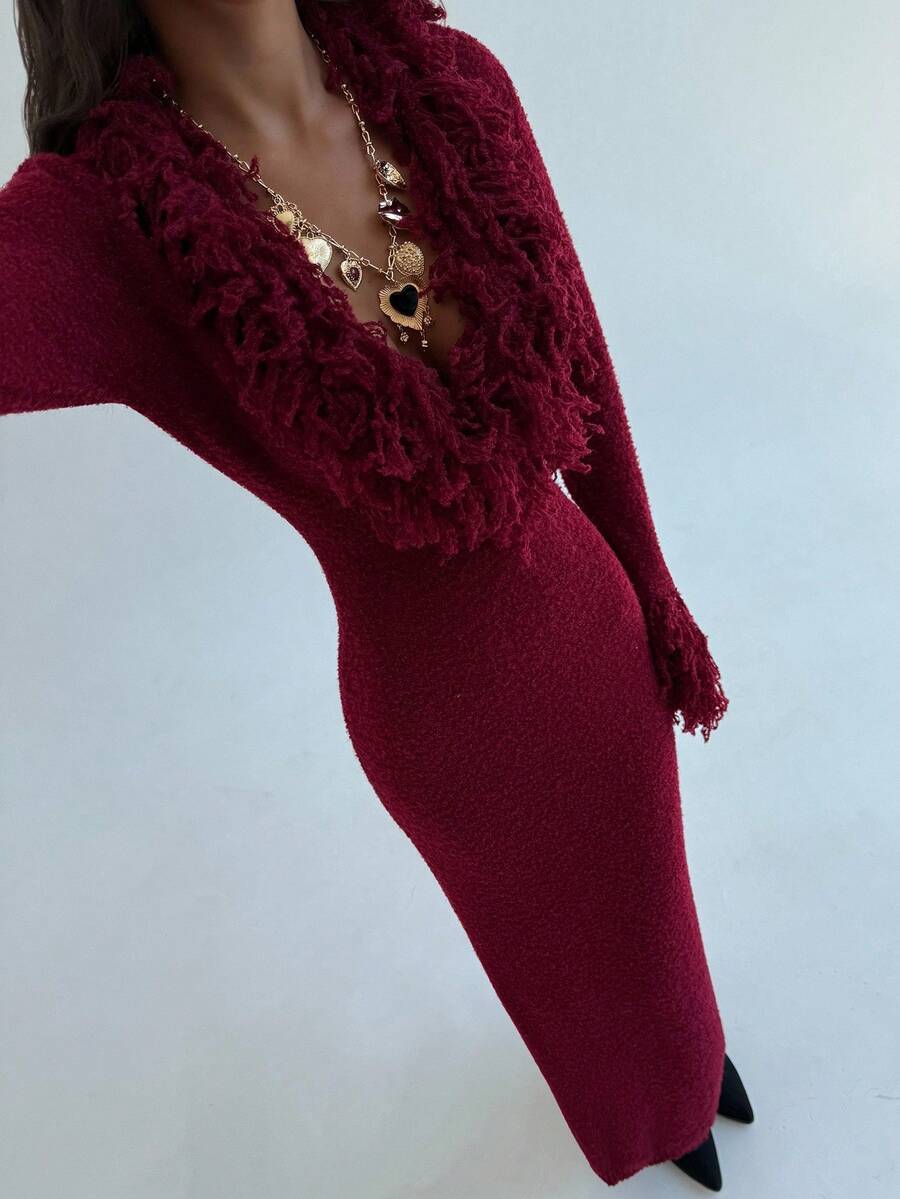 Aloruh V-Neck Fringed Fuzzy Patchwork Flared Hem Bodycon Maxi Knit Sweater Dress For Women In Fall/Winter,Christmas Sweater