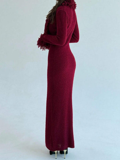 Aloruh V-Neck Fringed Fuzzy Patchwork Flared Hem Bodycon Maxi Knit Sweater Dress For Women In Fall/Winter,Christmas Sweater