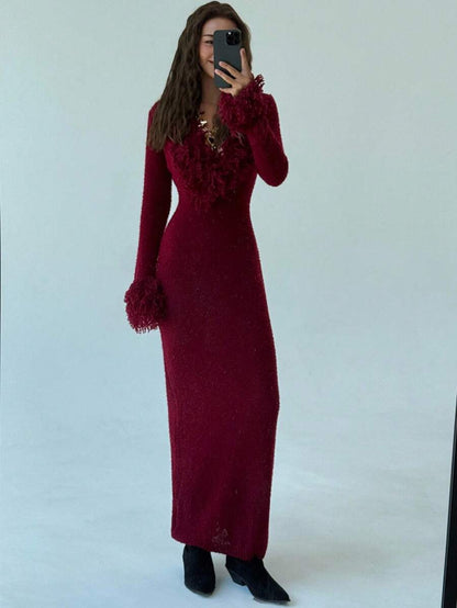 Aloruh V-Neck Fringed Fuzzy Patchwork Flared Hem Bodycon Maxi Knit Sweater Dress For Women In Fall/Winter,Christmas Sweater