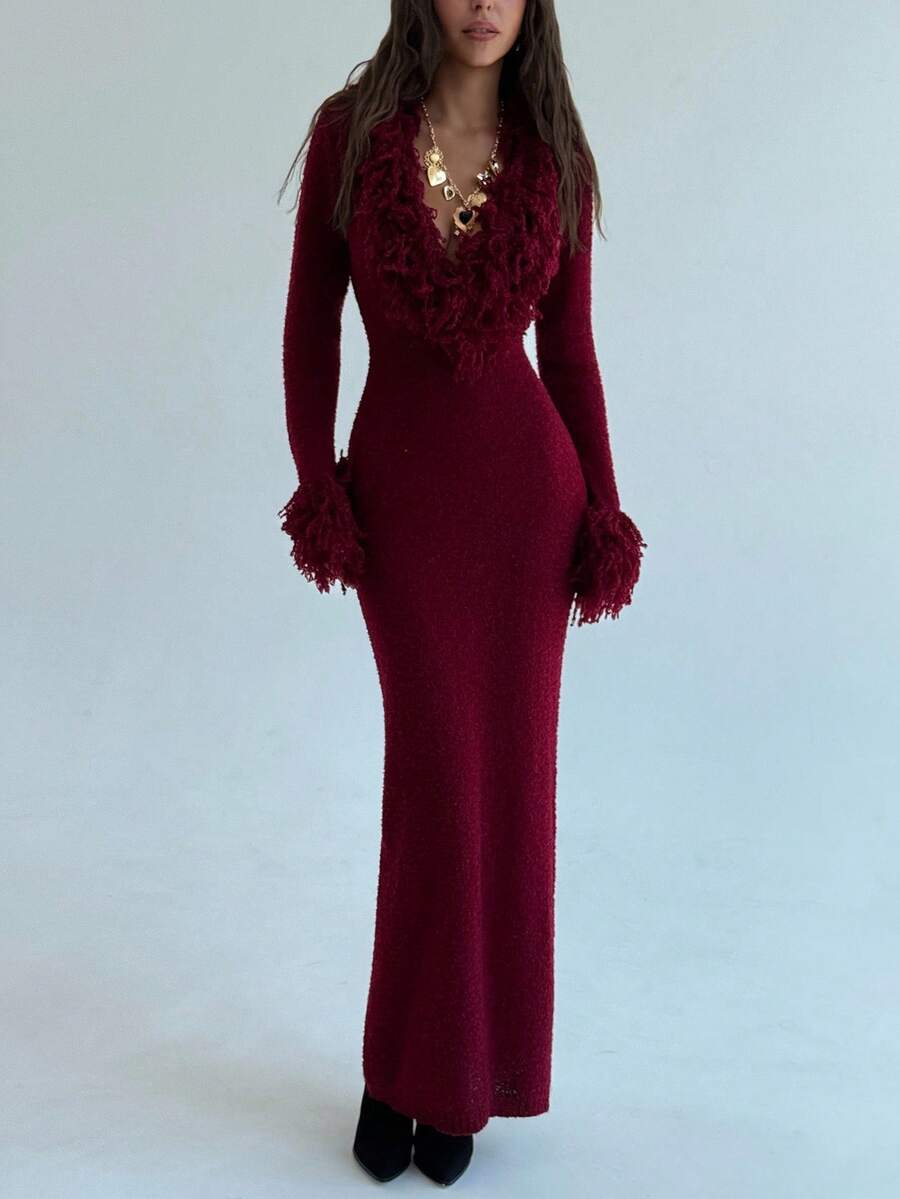 Aloruh V-Neck Fringed Fuzzy Patchwork Flared Hem Bodycon Maxi Knit Sweater Dress For Women In Fall/Winter,Christmas Sweater