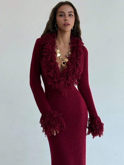 Aloruh V-Neck Fringed Fuzzy Patchwork Flared Hem Bodycon Maxi Knit Sweater Dress For Women In Fall/Winter,Christmas Sweater
