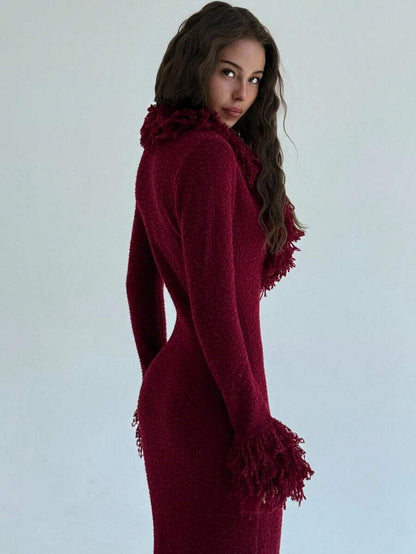 Aloruh V-Neck Fringed Fuzzy Patchwork Flared Hem Bodycon Maxi Knit Sweater Dress For Women In Fall/Winter,Christmas Sweater