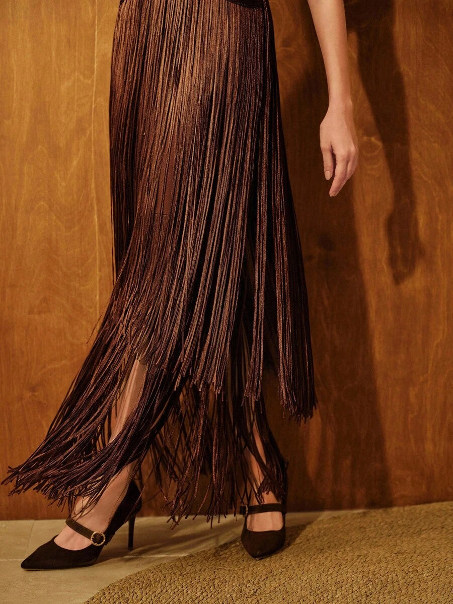 Anewsta Elegant Vintage Bohemian Tassel Maxi Dress, Suitable For Spring, Summer, Holidays, Festivals, Beaches, Parties, And Easter