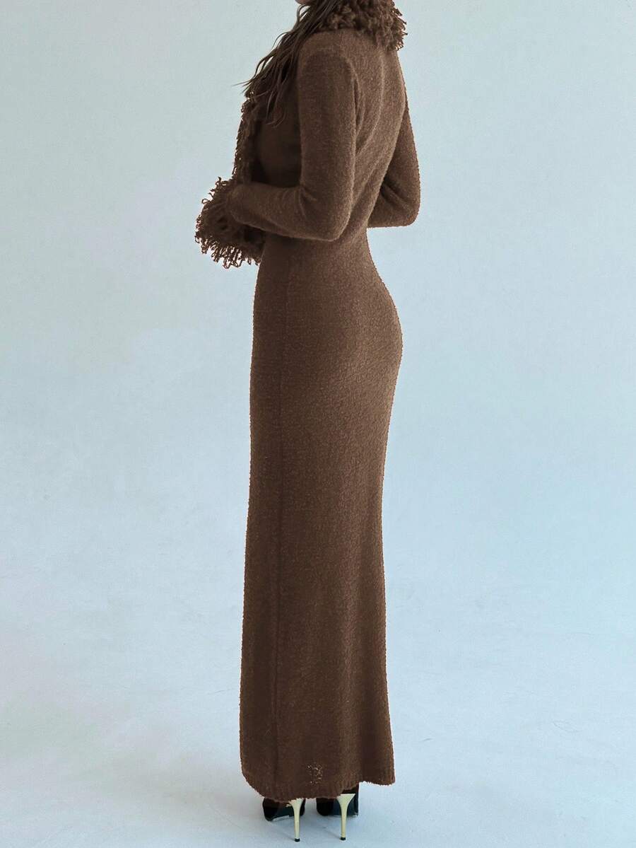 Aloruh V-Neck Fringed Fuzzy Patchwork Flared Hem Bodycon Maxi Knit Sweater Dress For Women In Fall/Winter,Christmas Sweater