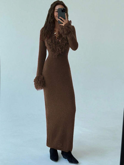 Aloruh V-Neck Fringed Fuzzy Patchwork Flared Hem Bodycon Maxi Knit Sweater Dress For Women In Fall/Winter,Christmas Sweater