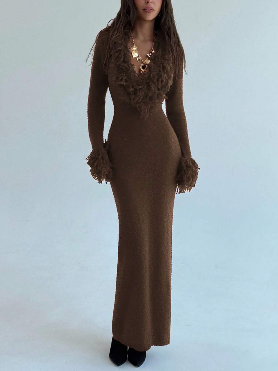 Aloruh V-Neck Fringed Fuzzy Patchwork Flared Hem Bodycon Maxi Knit Sweater Dress For Women In Fall/Winter,Christmas Sweater