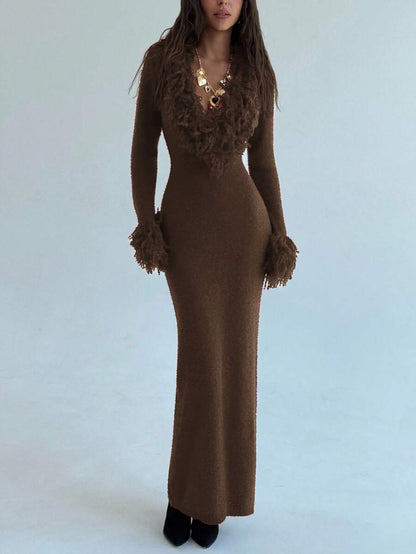 Aloruh V-Neck Fringed Fuzzy Patchwork Flared Hem Bodycon Maxi Knit Sweater Dress For Women In Fall/Winter,Christmas Sweater