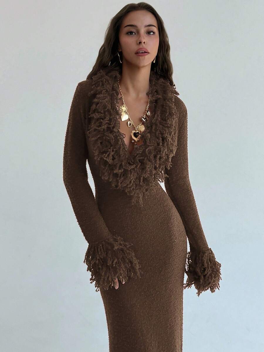 Aloruh V-Neck Fringed Fuzzy Patchwork Flared Hem Bodycon Maxi Knit Sweater Dress For Women In Fall/Winter,Christmas Sweater