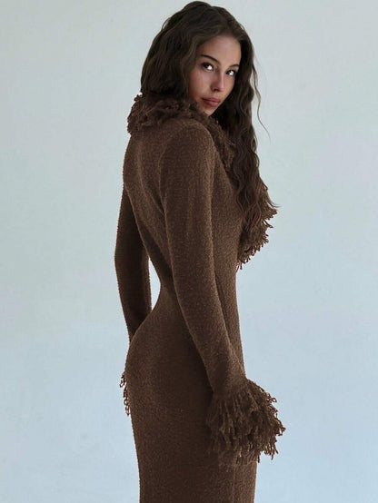 Aloruh V-Neck Fringed Fuzzy Patchwork Flared Hem Bodycon Maxi Knit Sweater Dress For Women In Fall/Winter,Christmas Sweater