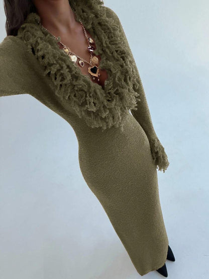 Aloruh V-Neck Fringed Fuzzy Patchwork Flared Hem Bodycon Maxi Knit Sweater Dress For Women In Fall/Winter,Christmas Sweater