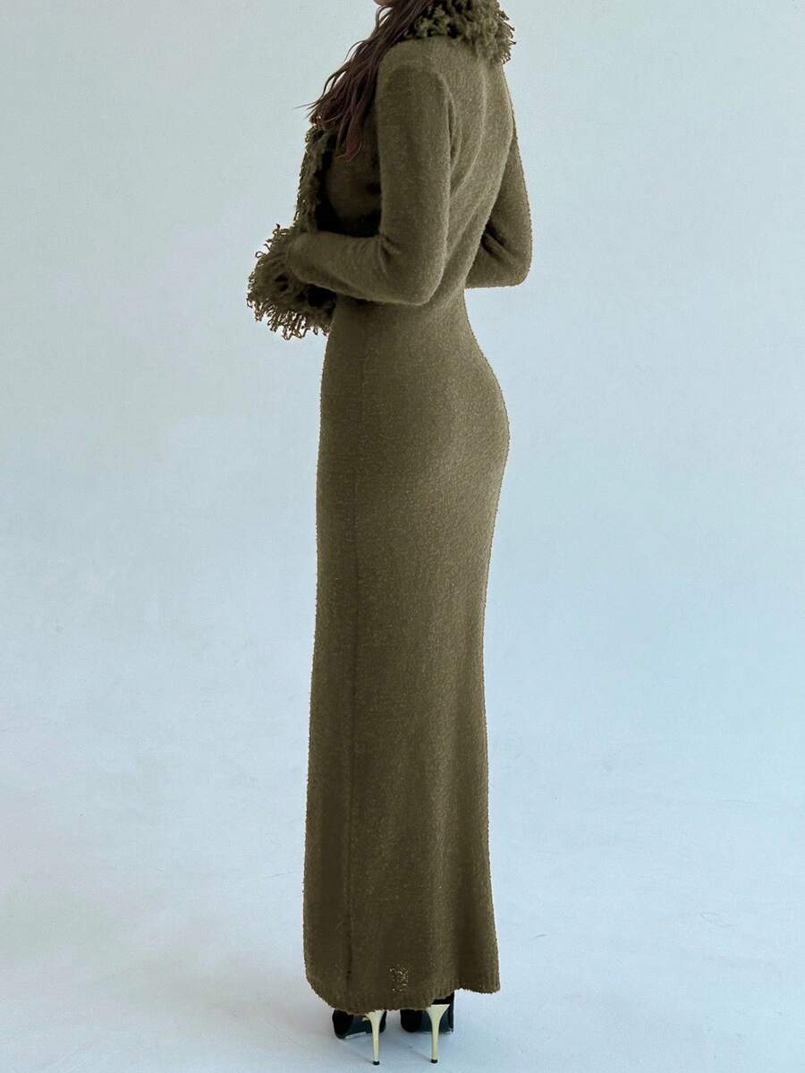 Aloruh V-Neck Fringed Fuzzy Patchwork Flared Hem Bodycon Maxi Knit Sweater Dress For Women In Fall/Winter,Christmas Sweater