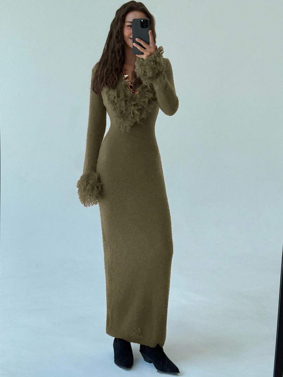 Aloruh V-Neck Fringed Fuzzy Patchwork Flared Hem Bodycon Maxi Knit Sweater Dress For Women In Fall/Winter,Christmas Sweater