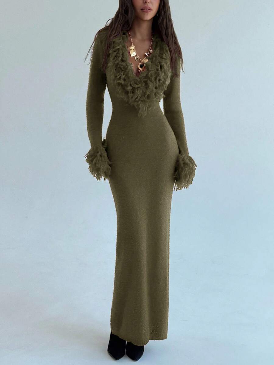 Aloruh V-Neck Fringed Fuzzy Patchwork Flared Hem Bodycon Maxi Knit Sweater Dress For Women In Fall/Winter,Christmas Sweater