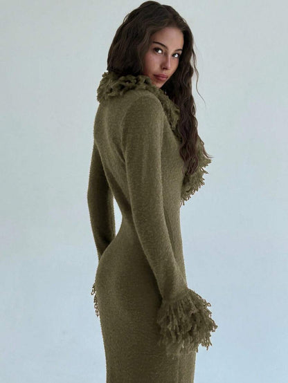 Aloruh V-Neck Fringed Fuzzy Patchwork Flared Hem Bodycon Maxi Knit Sweater Dress For Women In Fall/Winter,Christmas Sweater
