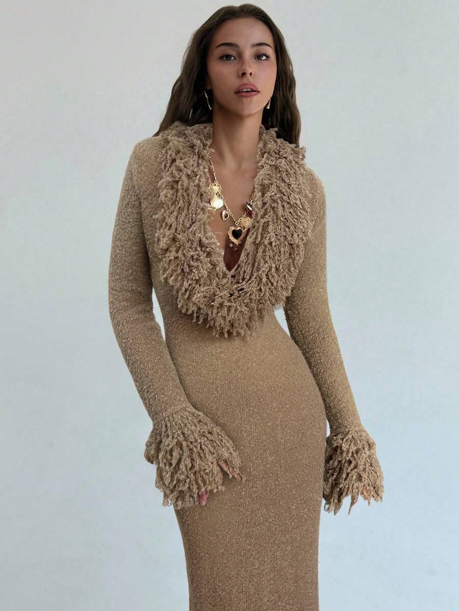Aloruh V-Neck Fringed Fuzzy Patchwork Flared Hem Bodycon Maxi Knit Sweater Dress For Women In Fall/Winter,Christmas Sweater