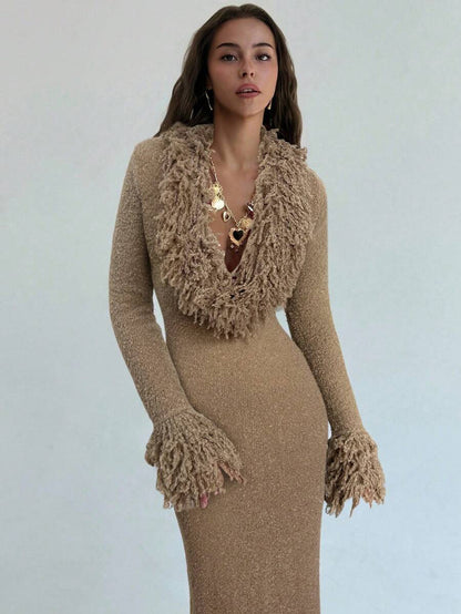 Aloruh V-Neck Fringed Fuzzy Patchwork Flared Hem Bodycon Maxi Knit Sweater Dress For Women In Fall/Winter,Christmas Sweater
