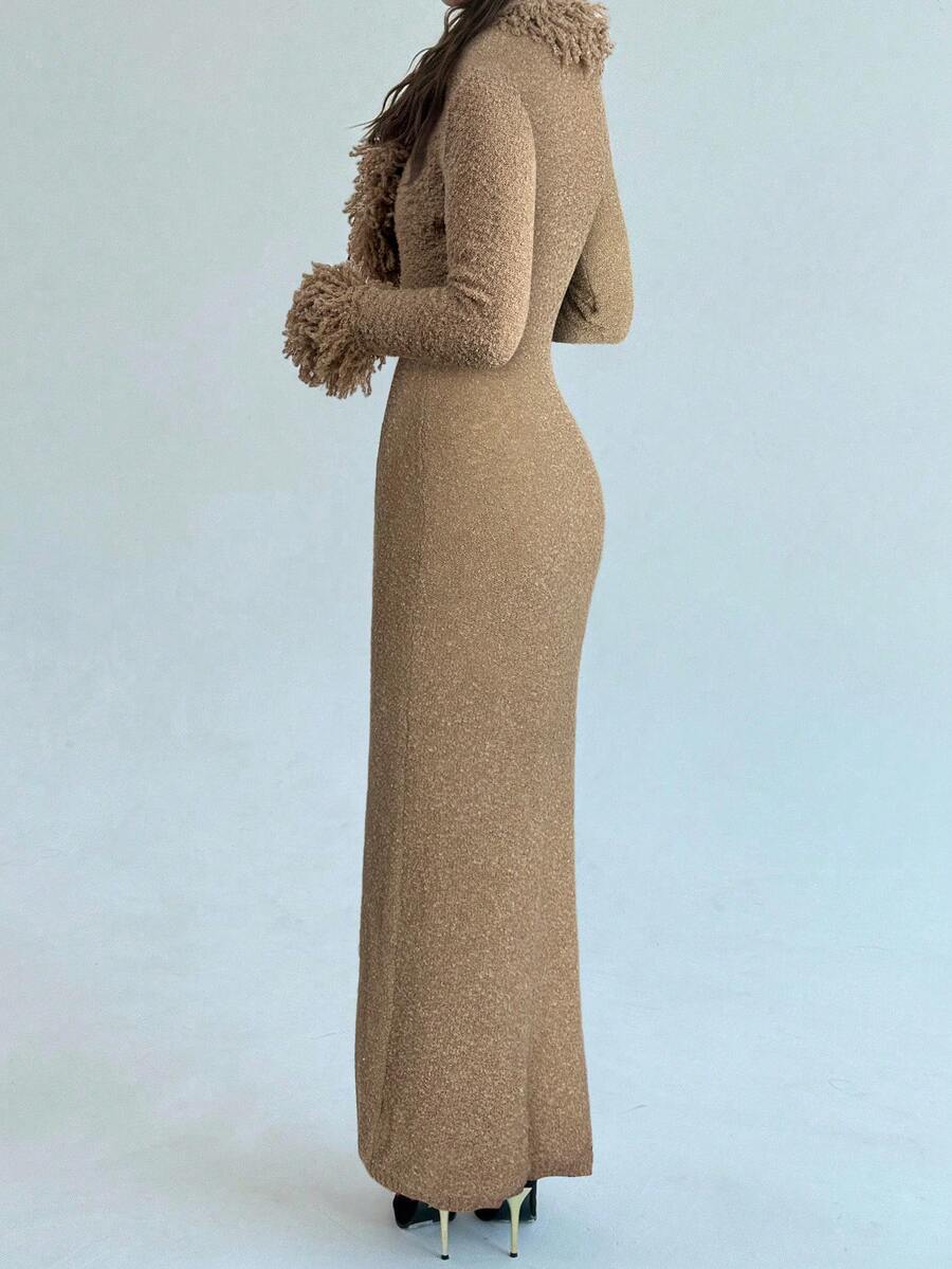 Aloruh V-Neck Fringed Fuzzy Patchwork Flared Hem Bodycon Maxi Knit Sweater Dress For Women In Fall/Winter,Christmas Sweater