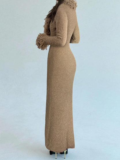 Aloruh V-Neck Fringed Fuzzy Patchwork Flared Hem Bodycon Maxi Knit Sweater Dress For Women In Fall/Winter,Christmas Sweater