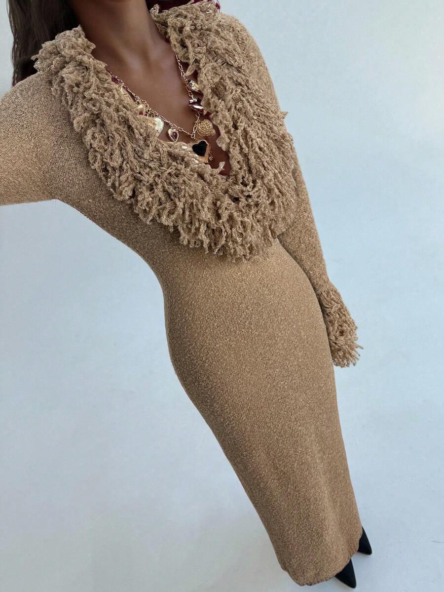 Aloruh V-Neck Fringed Fuzzy Patchwork Flared Hem Bodycon Maxi Knit Sweater Dress For Women In Fall/Winter,Christmas Sweater