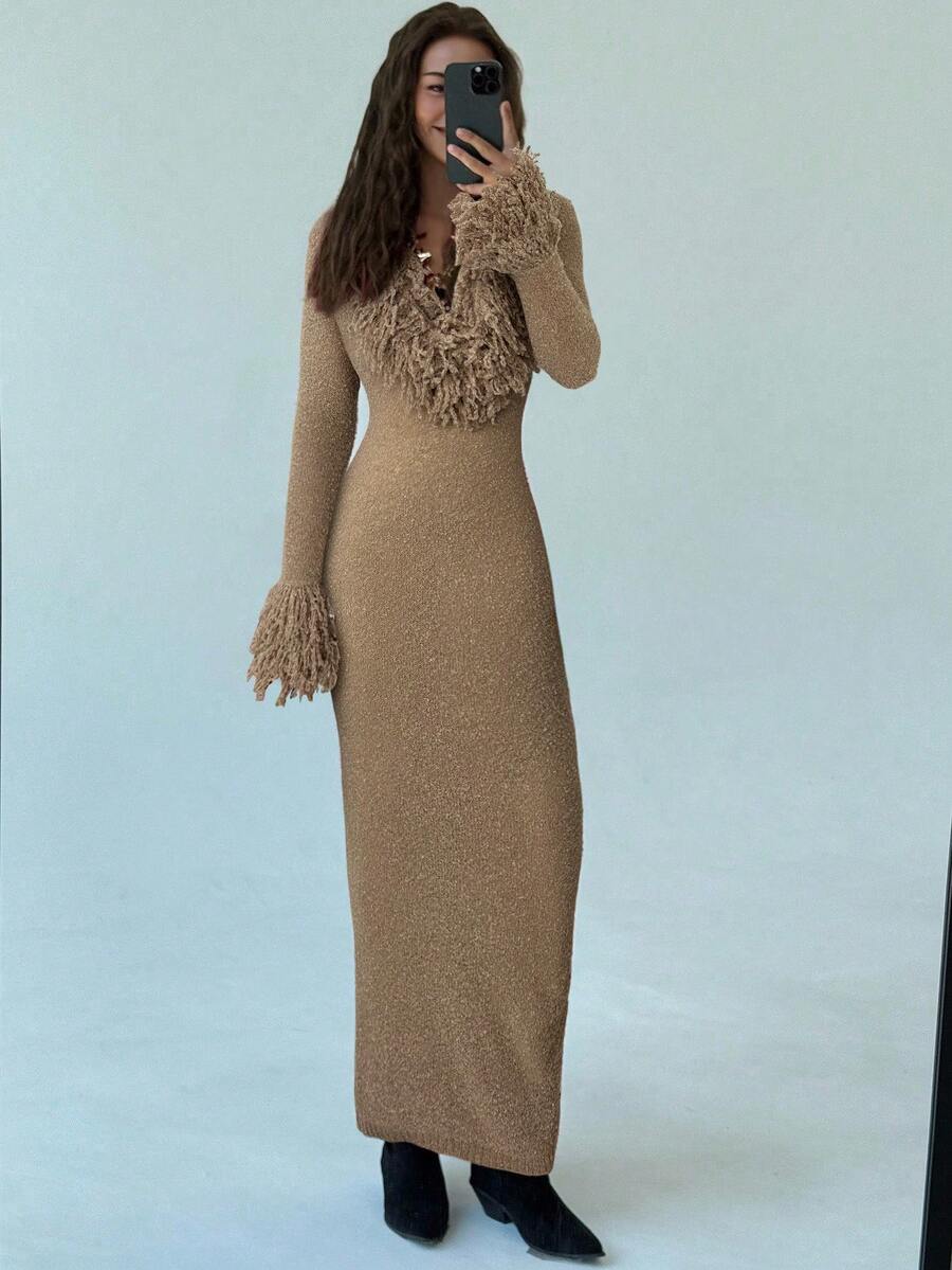 Aloruh V-Neck Fringed Fuzzy Patchwork Flared Hem Bodycon Maxi Knit Sweater Dress For Women In Fall/Winter,Christmas Sweater