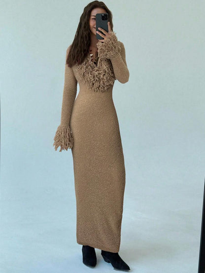 Aloruh V-Neck Fringed Fuzzy Patchwork Flared Hem Bodycon Maxi Knit Sweater Dress For Women In Fall/Winter,Christmas Sweater