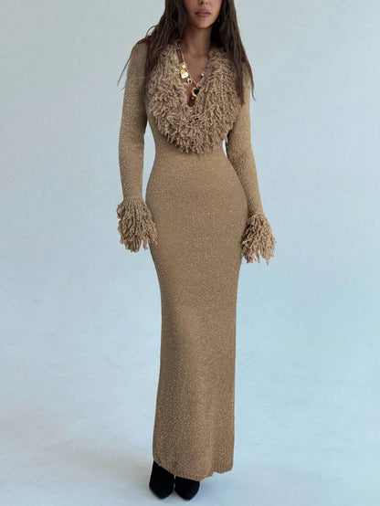 Aloruh V-Neck Fringed Fuzzy Patchwork Flared Hem Bodycon Maxi Knit Sweater Dress For Women In Fall/Winter,Christmas Sweater