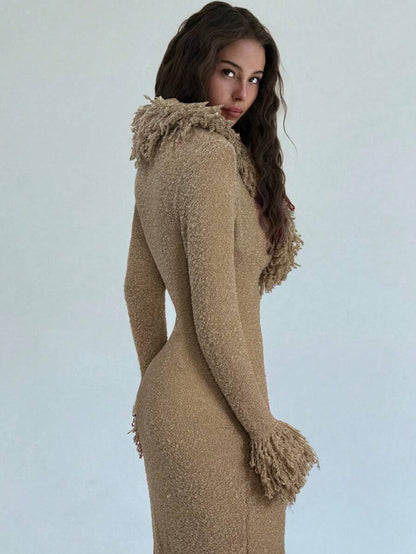 Aloruh V-Neck Fringed Fuzzy Patchwork Flared Hem Bodycon Maxi Knit Sweater Dress For Women In Fall/Winter,Christmas Sweater