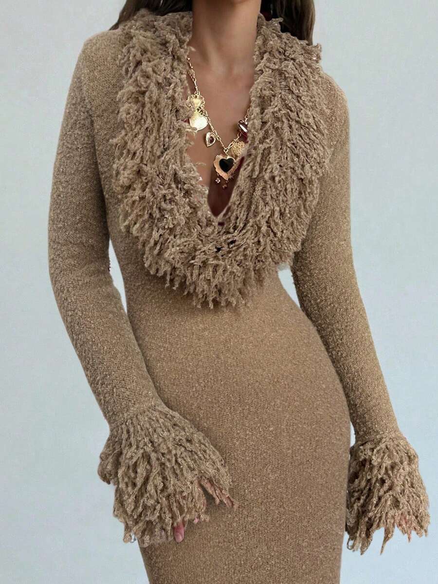Aloruh V-Neck Fringed Fuzzy Patchwork Flared Hem Bodycon Maxi Knit Sweater Dress For Women In Fall/Winter,Christmas Sweater