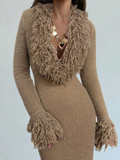 Aloruh V-Neck Fringed Fuzzy Patchwork Flared Hem Bodycon Maxi Knit Sweater Dress For Women In Fall/Winter,Christmas Sweater