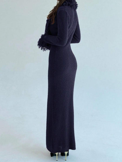 Aloruh V-Neck Fringed Fuzzy Patchwork Flared Hem Bodycon Maxi Knit Sweater Dress For Women In Fall/Winter,Christmas Sweater