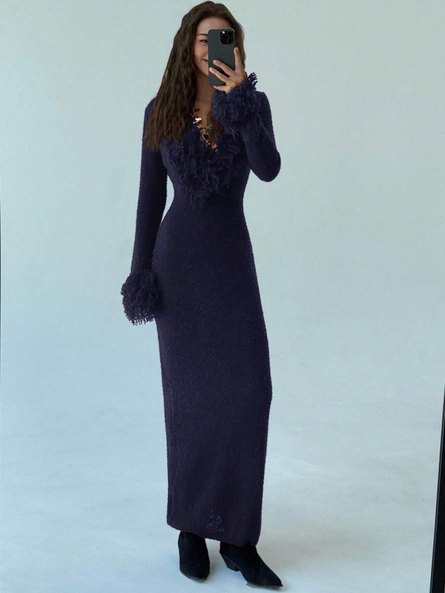 Aloruh V-Neck Fringed Fuzzy Patchwork Flared Hem Bodycon Maxi Knit Sweater Dress For Women In Fall/Winter,Christmas Sweater