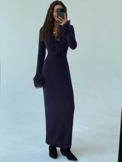 Aloruh V-Neck Fringed Fuzzy Patchwork Flared Hem Bodycon Maxi Knit Sweater Dress For Women In Fall/Winter,Christmas Sweater