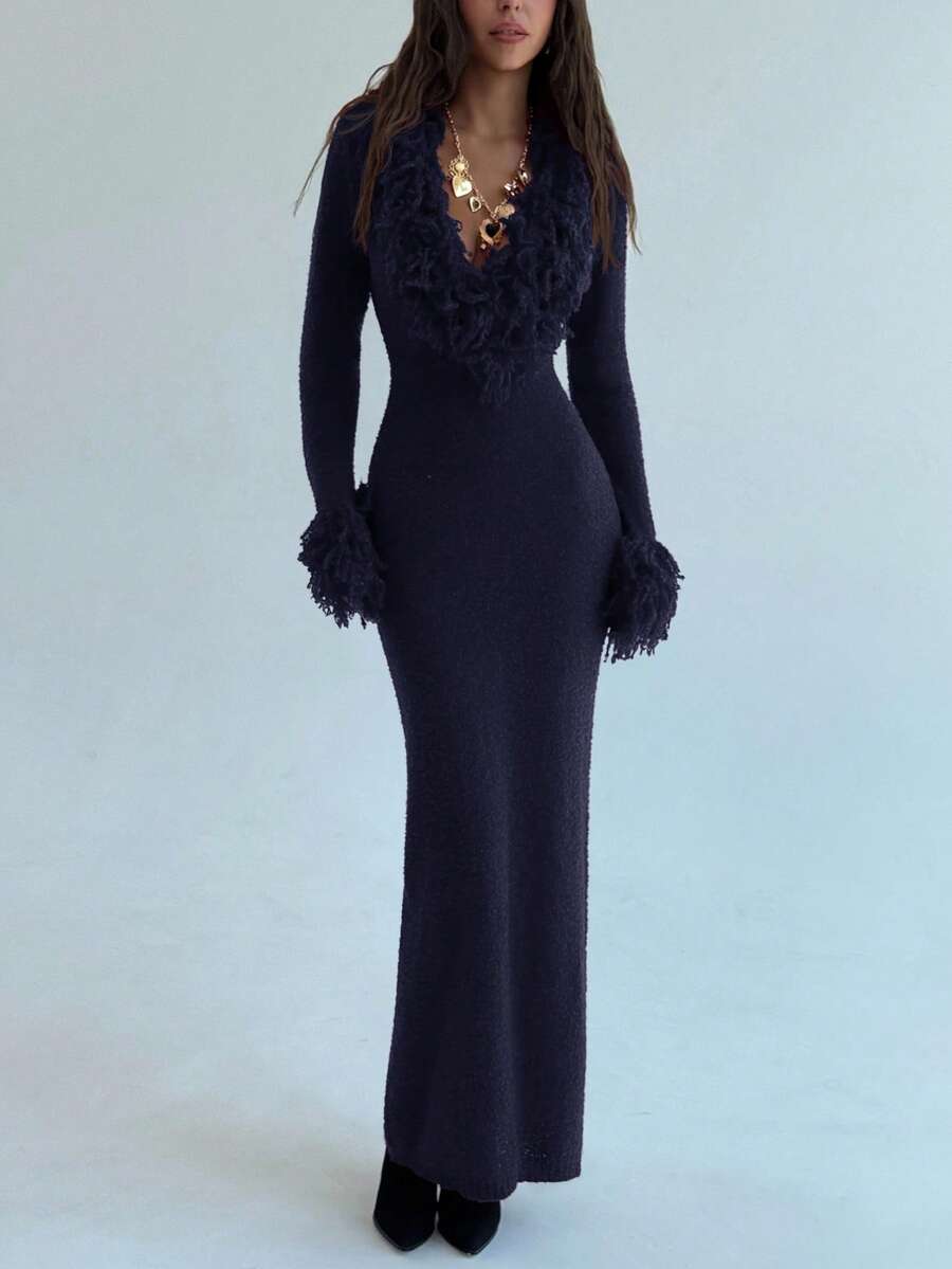 Aloruh V-Neck Fringed Fuzzy Patchwork Flared Hem Bodycon Maxi Knit Sweater Dress For Women In Fall/Winter,Christmas Sweater