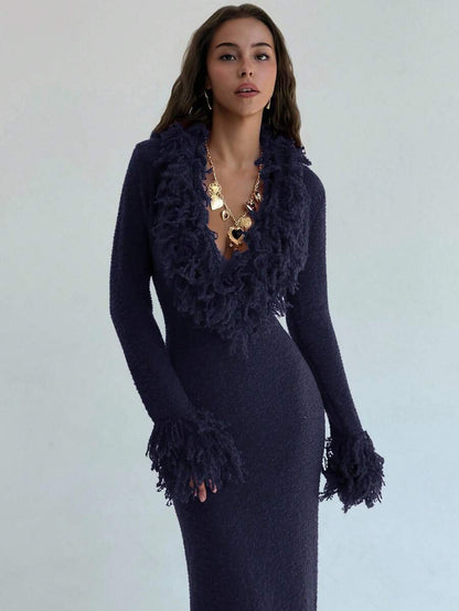 Aloruh V-Neck Fringed Fuzzy Patchwork Flared Hem Bodycon Maxi Knit Sweater Dress For Women In Fall/Winter,Christmas Sweater