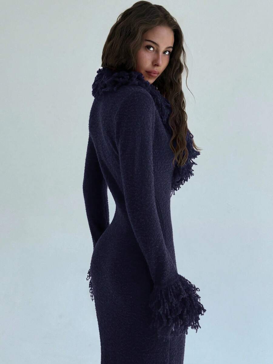 Aloruh V-Neck Fringed Fuzzy Patchwork Flared Hem Bodycon Maxi Knit Sweater Dress For Women In Fall/Winter,Christmas Sweater