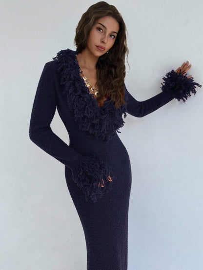 Aloruh V-Neck Fringed Fuzzy Patchwork Flared Hem Bodycon Maxi Knit Sweater Dress For Women In Fall/Winter,Christmas Sweater