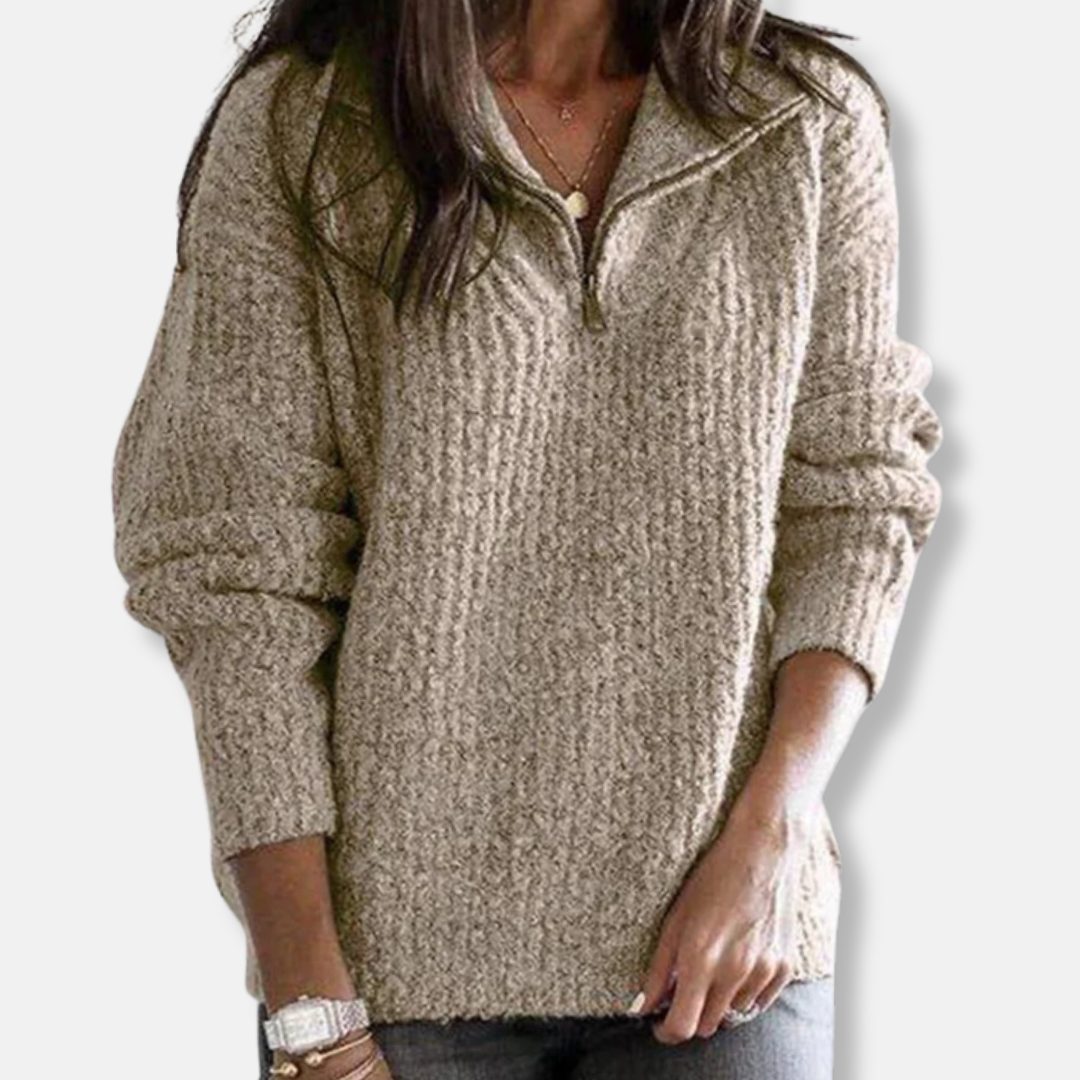 Isla Ribbed Half-Zip Pullover Sweater | Collared Relaxed Fit Sweater