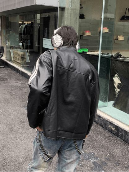 [K09] PU leather striped jacket st1918