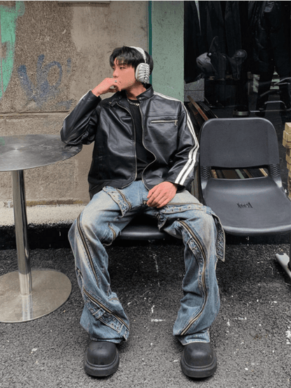 [K09] PU leather striped jacket st1918