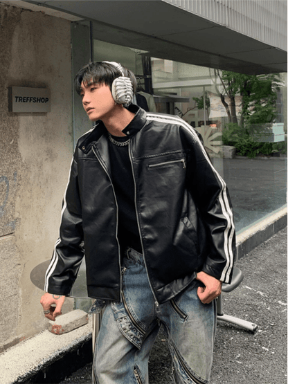 [K09] PU leather striped jacket st1918