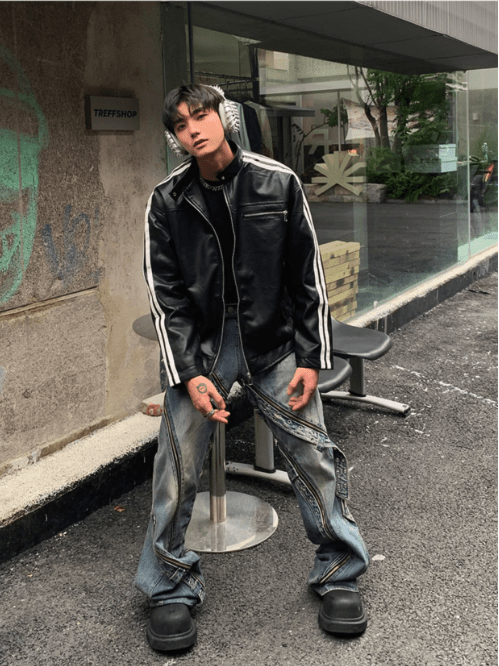 [K09] PU leather striped jacket st1918