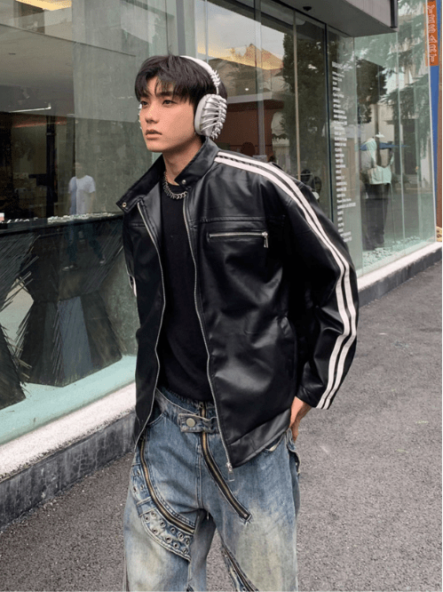 [K09] PU leather striped jacket st1918