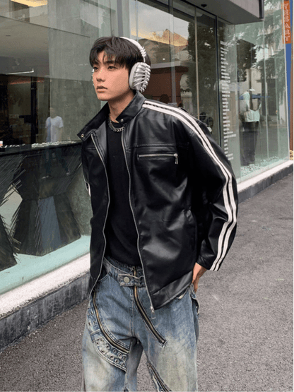 [K09] PU leather striped jacket st1918