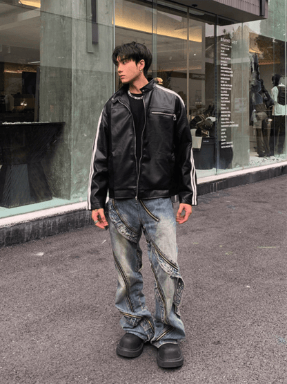 [K09] PU leather striped jacket st1918