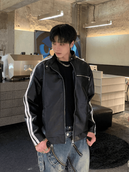 [K09] PU leather striped jacket st1918