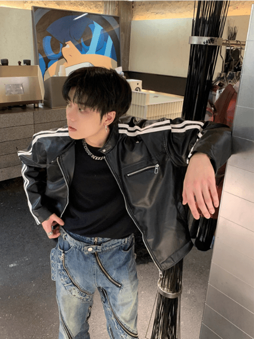 [K09] PU leather striped jacket st1918