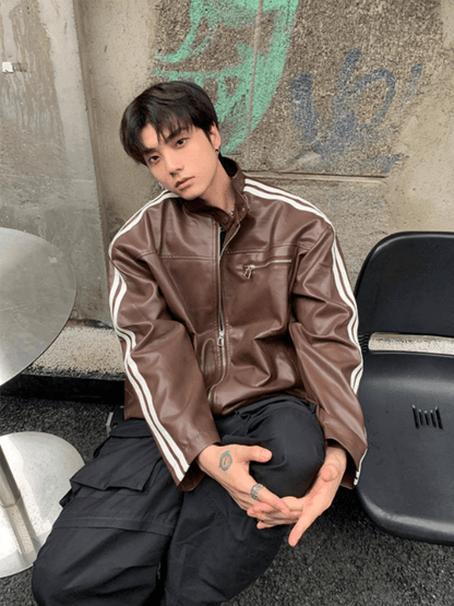 [K09] PU leather striped jacket st1918