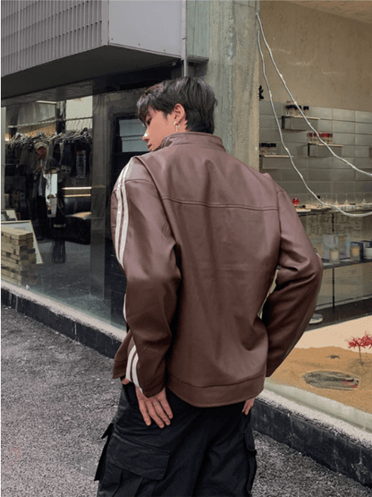 [K09] PU leather striped jacket st1918